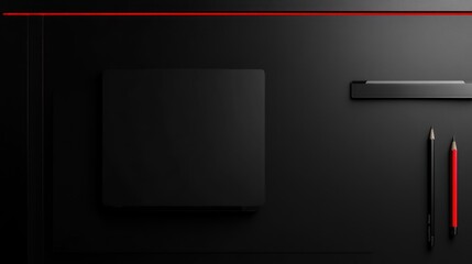 Black laptop and pencils on dark desk.  Flat lay. Stock photo