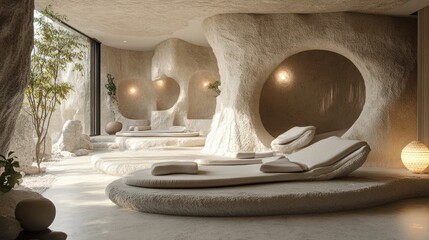 Conceptual wellness retreat with serene hand-crafted nature-inspired textured walls