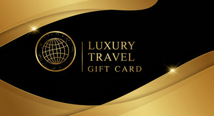 Elegant luxury travel gift card design featuring gold and black theme