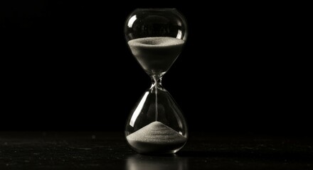 hourglass, sand, time, reflection, black background, minimalist, dramatic lighting, glass, transparent, symbolic, still life, contrast, monochrome, detail, dark mood, artistic, contemplative, time pas