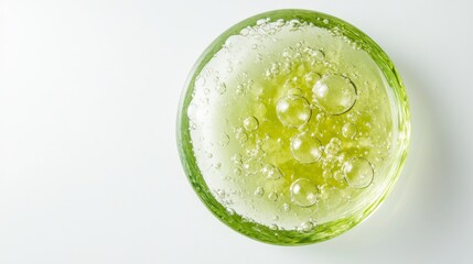 Green gel bubble texture in clear circular dish on white background