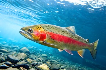 Naklejka premium A vibrant shot of a Rainbow Trout, its shimmering pink stripe and speckled body glistening in clear river water.