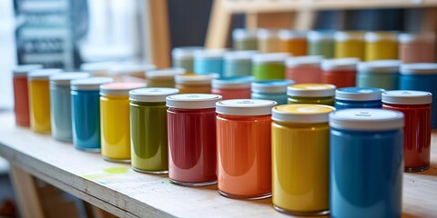 vibrant colorful paint jars displayed on a craft table