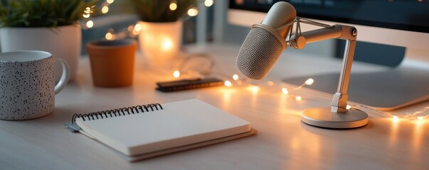 Female podcaster making Design. Cozy workspace with microphone, notebook, and plants illuminated by string lights.