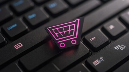 Digital shopping cart icon on a laptop keyboard