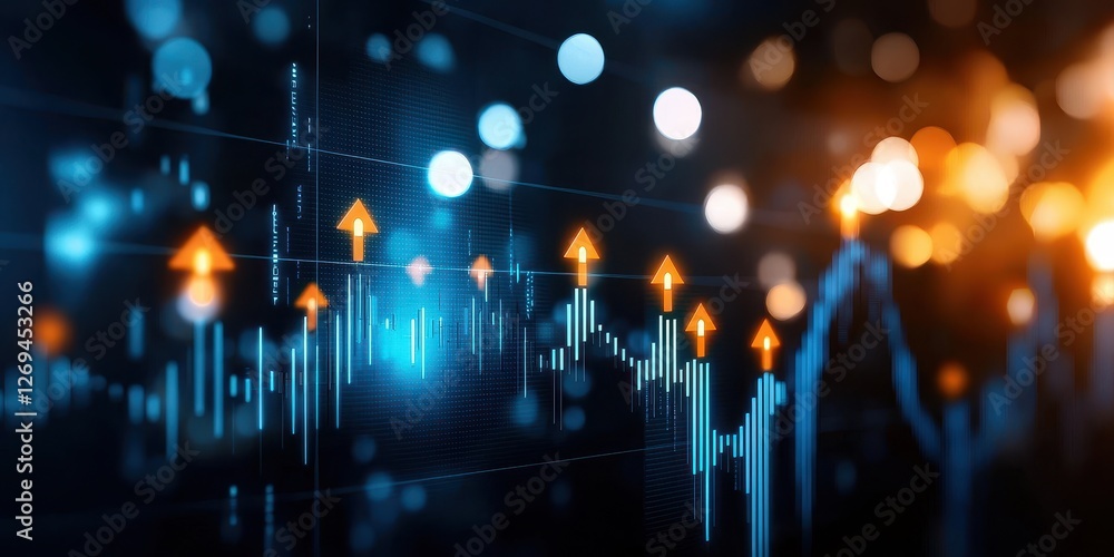Poster abstract financial data visualization with vibrant upward trends and glowing elements.