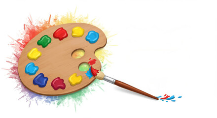 Colorful paint palette and brush with vibrant splashes of paint on white background