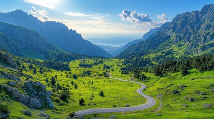 Winding mountain road, valley view, sunny day, scenic landscape, travel poster