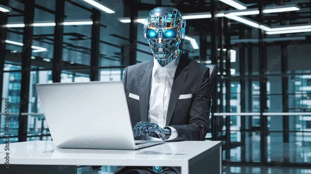 Poster metallic humanoid executive processes data at sleek workstation. business-attired artificial being o