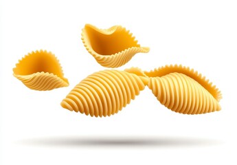 Obraz premium Close up view of three pieces of uncooked pasta, shell shaped, with ribbed texture, floating against a bright white background. The pasta is pale