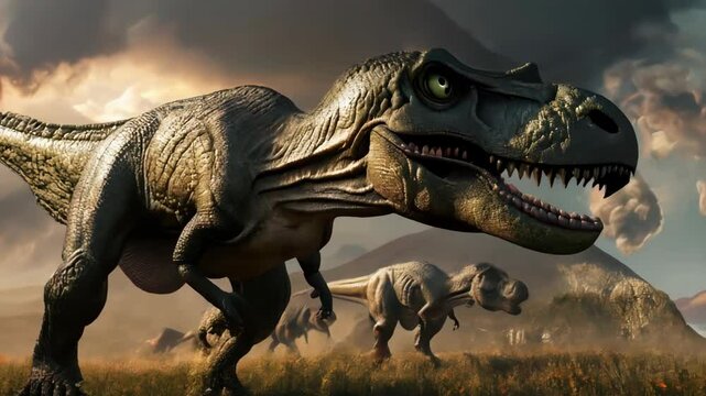 Cartoon Tyrannosaurus Rexes in Prehistoric Landscape with Volcanoes. Dinosaurs, Jurassic Era, Prehistoric, Illustration, Jurassic World. 4K Animation