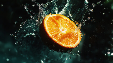 An orange being sliced in half and thrown into the air, with water splashing around it. The background is dark green, creating a contrast against the bright orange color of the fruit