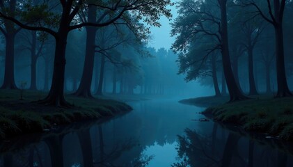 Obraz premium forest trees reflected in dark and mysterious river, night, tree