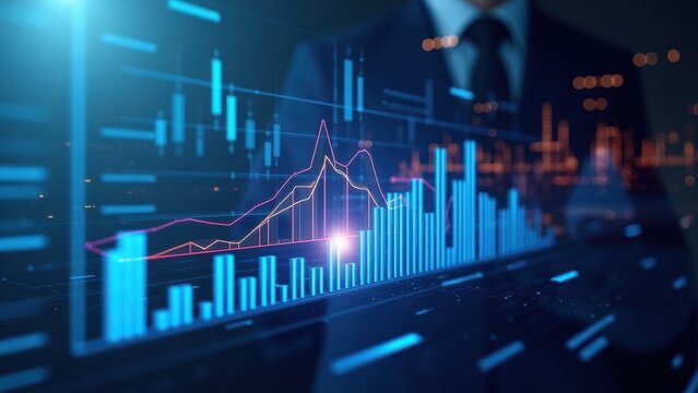 A Business Professional Dressed in Formal Attire Analyzes Glowing Graphs and Data Visualizations in a High-Tech Environment