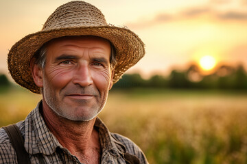 Fototapeta premium Farmer smiling while working in golden field at sunset with soft lighting and warm colors