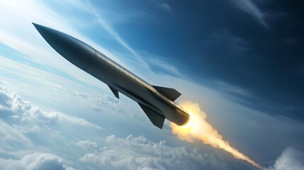Realistic image of a hypersonic missile flying at high speed, showcasing modern weaponry design