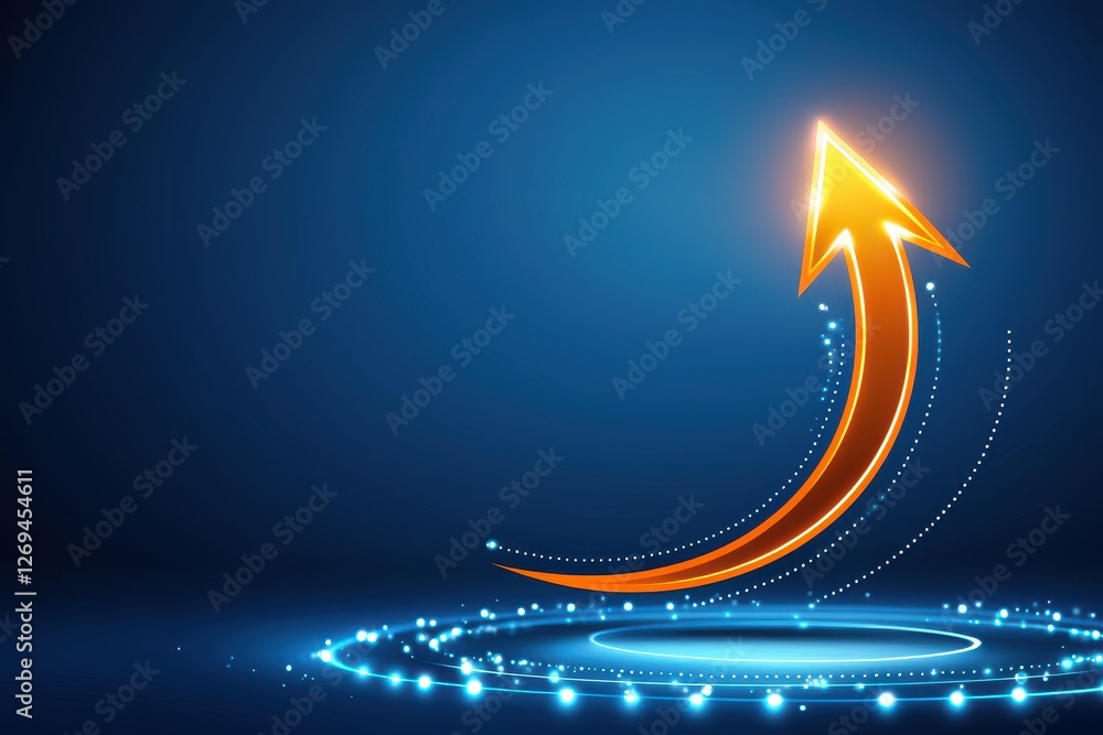 Poster dynamic orange arrow pointing upwards in a blue digital background with glowing effects.
