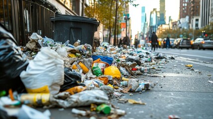 Impact of urban waste  realistic image depicting garbage littering a city sidewalk as an eyesore