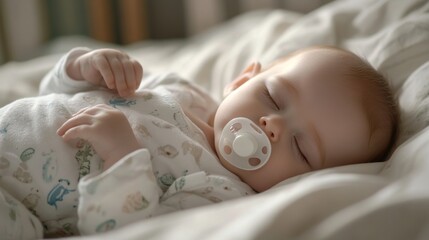 Peaceful sleeping infant with pacifier in soft pajamas