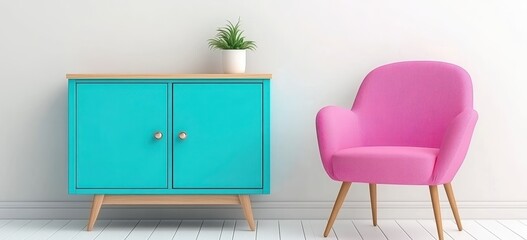 A pink armchair and a teal blue cabinet are positioned against a white wall. A small potted plant sits atop the cabinet. The room is bright and airy