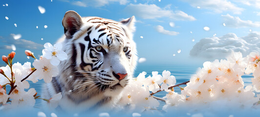 tiger chases deerin the prairie white flowers dotted,clean blue sky background, ai generative