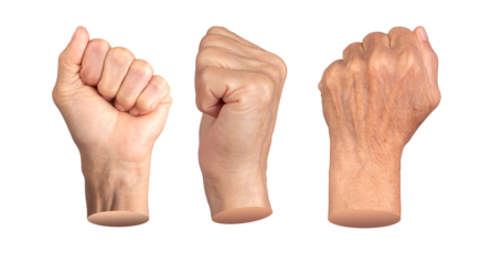 Elderly female hand clenched into a fist, symbolizing strength, unity, and protest. Wrinkled skin emphasizing age and determination. Isolated on white background.