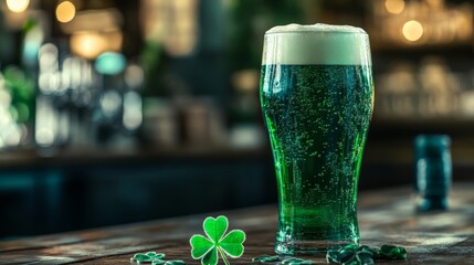 Festive green beer with clover decor on a wooden pub counter
