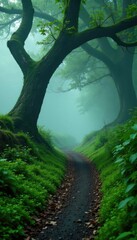 Naklejka premium Moss covered pathway disappears into misty veil, tree, mist, moss