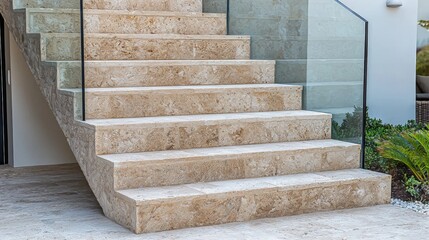 Beige-toned staircase with stone steps and glass balustrades