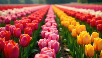 Multicolored tulip fields stretch far and wide, nature, flower field, garden