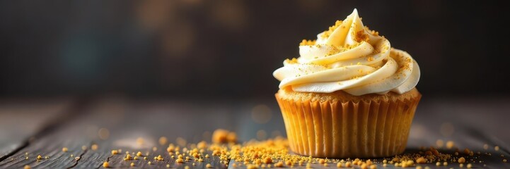 A single cupcake with a sprinkle of edible gold dust on top, frosting, cupcakes, baking