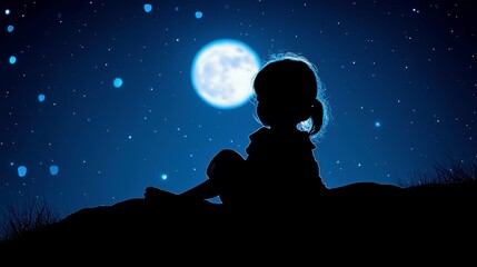 Starry Child's Silhouette, a whimsical scene depicting a child's outline filled with shimmering stars and a glowing moon against a vast night sky.