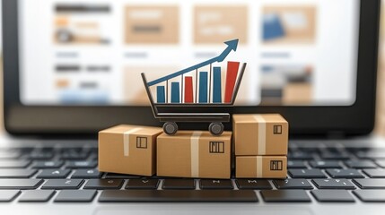 E-commerce growth concept with shopping cart and packages