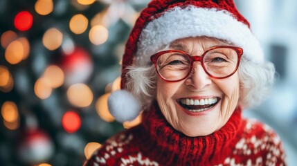 Elderly woman in santa hat smiling at christmas celebration with festive lights