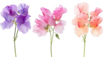Three sweet pea blossoms, pastel colors, white background, floral arrangement, perfect for greeting cards