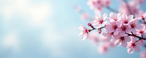 Obraz premium Background with cherry blossoms in a subtle gradient against a light blue sky, soft focus, abstract art