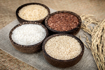 different kinds of asian rice variety grains in rustic setting display in Cambodia