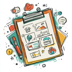 A colorful illustration of a clipboard filled with sketches and notes, surrounded by icons representing creativity and planning.