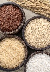 different kinds of asian rice variety grains in rustic setting display in Cambodia