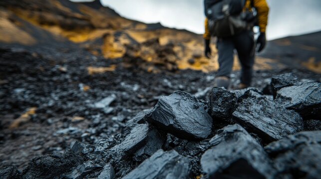 A close-up of black volcanic coal chunks scattered on a rocky surface, showing their rough texture and deep color. The volcanic ash in the background adds a rugged, natural feel to the scene.6e