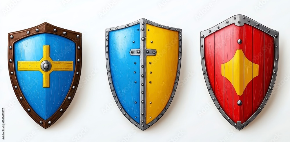Poster three pixel art medieval shields displayed against a plain background. each shield features a unique