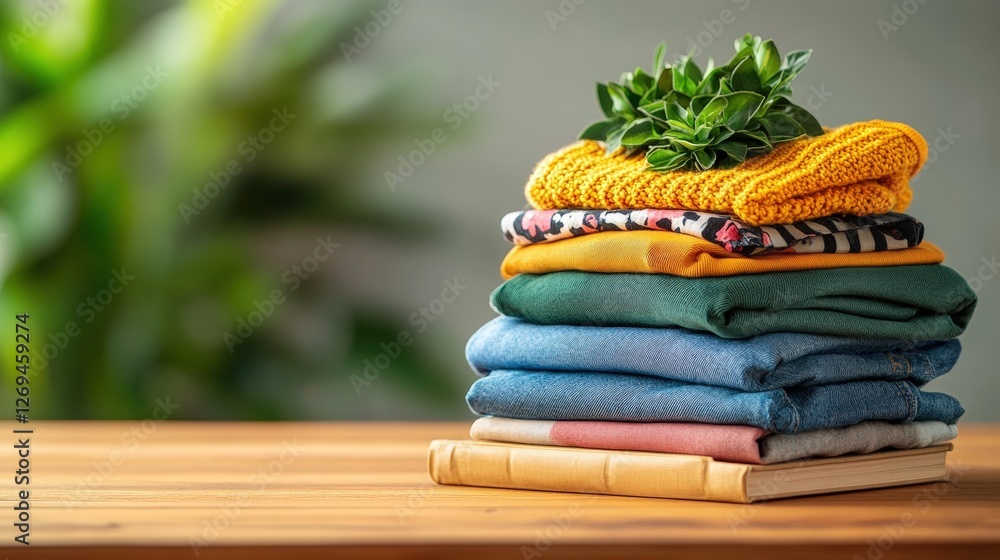Poster stack of neatly folded clothes with an abstract blurred background in a luxury setting