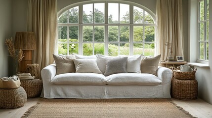 White linen sofa, country home, garden view, relaxed interior, home decor