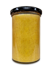 Mustard spicy sauce in glass jar cut out