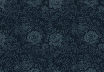 Seamless Dark Blue Vintage Floral Pattern with Elegant Decorative Elements