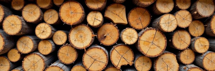 Naklejka premium Dry wood logs stacked high in a rustic wooden pile background, timber, woodpile