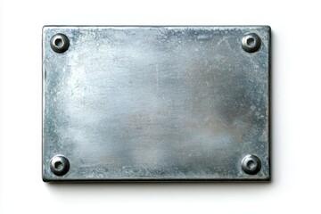 Blank metal plate with rounded corners and visible screws on a white background.