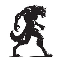 Werewolf silhouette standing with arms raised in a threatening pose - Werewolf illustration - Minimalist Werewolf vector - Mythical creature silhouette
