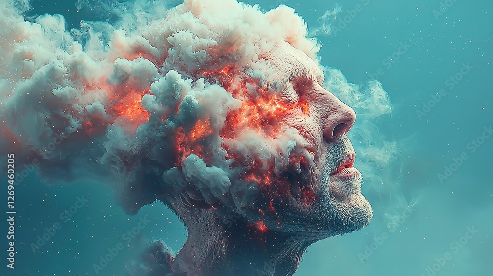Poster cosmic overflow, a surreal depiction of a head from which a vibrant galaxy spills like smoke into th