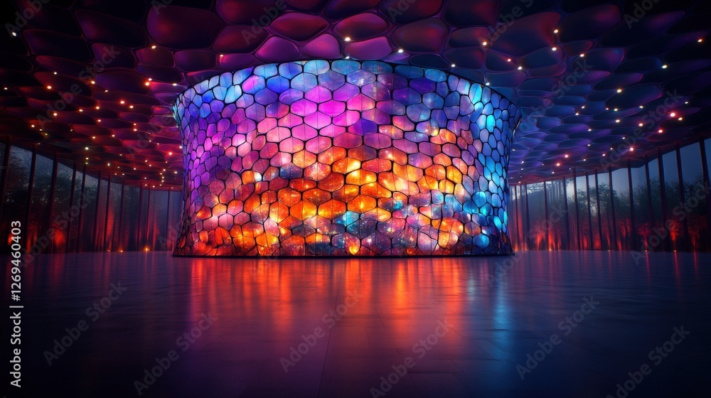 Poster large building illuminated with colorful lights against an abstract memphis style background design